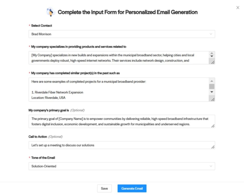 My company specializes in providing products and services related to:[My Company] specializes in new builds and expansions within the municipal broadband sector, helping cities and local governments deploy robust, high-speed internet networks. Their services include network design, construction, and implementation to bridge digital divides in underserved areas. By working closely with municipalities, they focus on fiber optic networks and future-proof infrastructure, ensuring scalability for population growth and technological advancements. Key offerings include: End-to-end project management: From planning to execution, the company handles every phase of broadband infrastructure projects. Custom solutions: Tailored network designs that fit the unique needs of each municipality, ensuring optimal performance. Expertise in public-private partnerships (PPP): They help cities leverage both public funding and private investment to minimize costs and accelerate deployment. Sustainability and scalability: Building networks designed for long-term viability with upgrades that ensure cities stay ahead of technological advancements. Regulatory compliance: Ensuring all builds meet local, state, and federal guidelines for broadband deployment. The company’s goal is to help communities improve their digital connectivity, boost economic growth, and enhance quality of life through reliable, high-speed broadband access. My company has completed similar project(s) in the past such as: Here are some examples of completed projects for a municipal broadband provider: 1. Riverdale Fiber Network Expansion Location: Riverdale, USA Project Scope: 80 miles of new fiber optic cable Completion Date: April 2022 Overview: Riverdale's local government partnered with [Company Name] to design and implement a citywide fiber network expansion to reach underserved neighborhoods. The project included laying 80 miles of fiber optic cable, connecting 15,000 homes and 200 businesses. With 1 Gbps speeds available for residents, the city experienced a surge in local entrepreneurship, and education services were greatly enhanced by improved connectivity for schools and libraries. Notable Achievements: Achieved 95% coverage across all residential areas 30% increase in public Wi-Fi usage in local parks and downtown areas Fiber network scalable for future 10 Gbps upgrades 2. Clearwater Municipal Broadband Initiative Location: Clearwater, USA Project Scope: Full fiber-to-the-home (FTTH) deployment Completion Date: November 2023 Overview: The city of Clearwater selected [Company Name] to develop its first public broadband network, offering residents and businesses high-speed internet at competitive rates. The full fiber-to-the-home (FTTH) deployment covered the entire municipality, reaching 22,000 homes and 1,200 businesses. The city’s initiative significantly boosted local e-commerce, and Clearwater now ranks among the top digitally connected cities in its region. Notable Achievements: 85% adoption rate within the first 6 months Attracted tech startups, leading to 10% job growth in the IT sector Reduced internet costs by 25% for residents compared to private providers 3. Pinewood Digital Hub for Economic Revitalization Location: Pinewood, USA Project Scope: Fiber network build-out in commercial zones Completion Date: February 2021 Overview: Pinewood, a rural town with limited internet access, partnered with [Company Name] to boost economic development by expanding its broadband infrastructure to key commercial and industrial zones. The fiber network build-out covered 50 miles and connected major business districts, including manufacturing and logistics hubs, fostering new business investments and creating jobs. Pinewood's new high-speed internet has enabled the town to compete in attracting remote workers and tech-driven businesses. Notable Achievements: Increased business activity in commercial zones by 40% New business registrations up by 20% since network launch Recognized by the state as a model for broadband-driven rural revitalization 4. Green Valley Schools Connectivity Project Location: Green Valley, USA Project Scope: School district fiber backbone Completion Date: September 2023 Overview: In partnership with the Green Valley School District, [Company Name] deployed a dedicated fiber backbone connecting 25 schools, providing 10 Gbps connections to support digital learning initiatives. The project ensures that students and teachers have access to cutting-edge online resources and remote learning capabilities. It also upgraded the town’s emergency response system by integrating public safety offices into the network. Notable Achievements: 99.9% network uptime for educational facilities Increased student access to e-learning tools by 60% Smart classrooms implemented across the district These fictional projects showcase how the company works to provide high-quality municipal broadband services that foster community growth and improve digital connectivity across different regions. My company's primary goal is: The primary goal of [Company Name] is to empower communities by delivering reliable, high-speed broadband infrastructure that fosters digital inclusion, economic development, and sustainable growth for municipalities and underserved regions. Call to Action: Let's set up a meeting to discuss our solutions Tone of the Email: Solution-Oriented